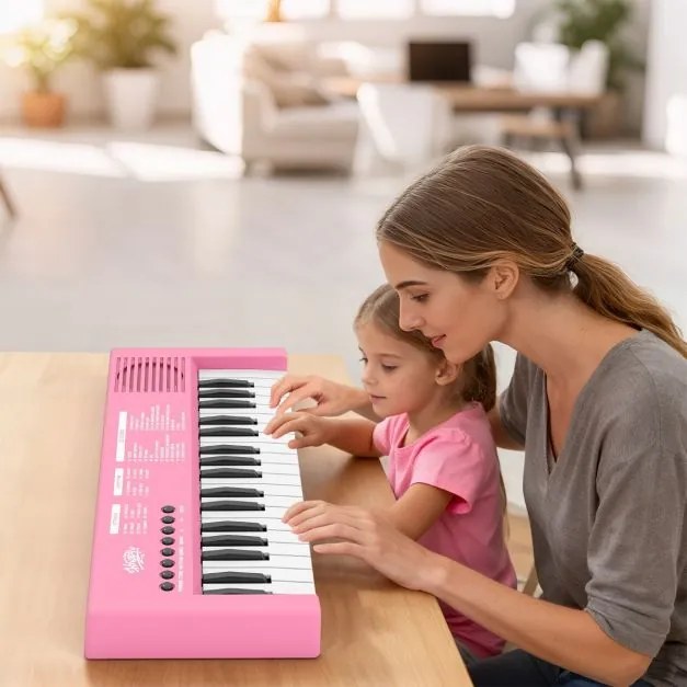 Teclado de piano para crianças elétrico portátil de 37 teclas com 8 ritmos, 8 tons e 22 demos Instrumento musical eletrónico rosa