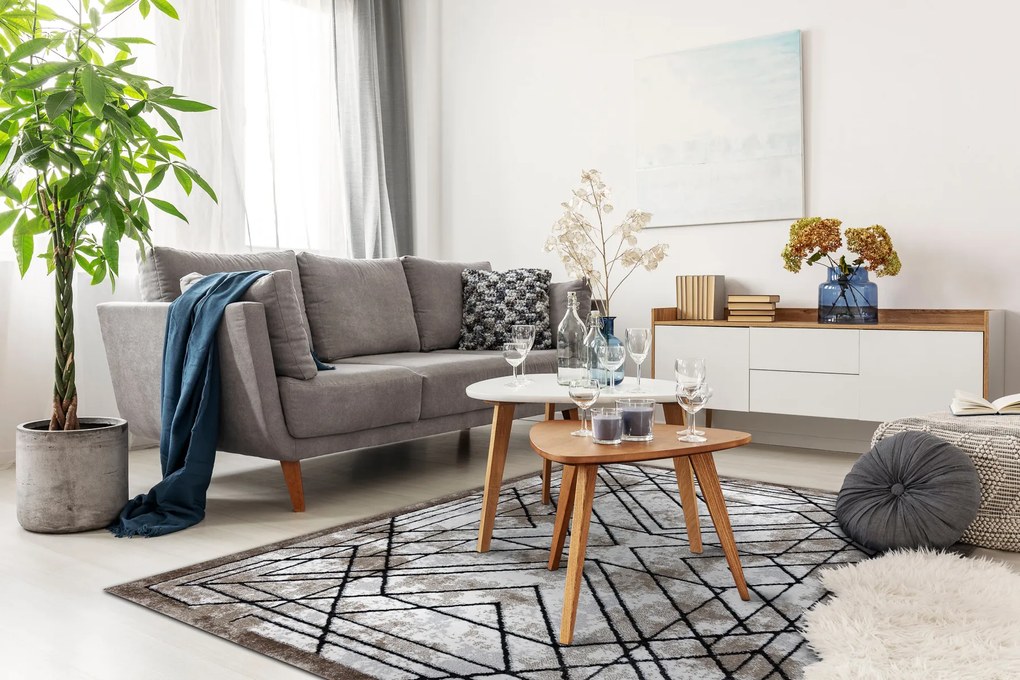Tapete moderno COZY Tico, geométrico - Structural dois níveis de lã castanho
