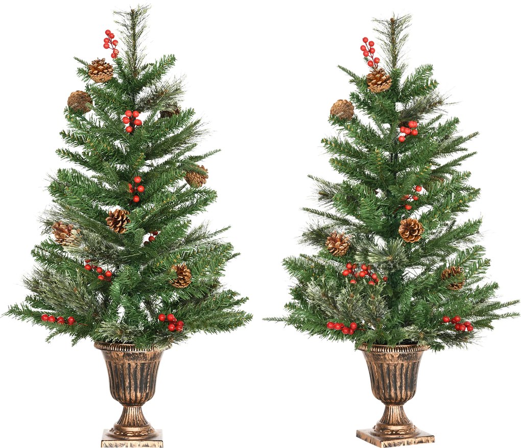HOMCOM Conjunto de 2 Árvores de Natal Artificial 90cm com Vaso Ignífugo com 110 Ramos 70 Bagas 8 Pinhas e Folhas de PVC Verde | Aosom Portugal