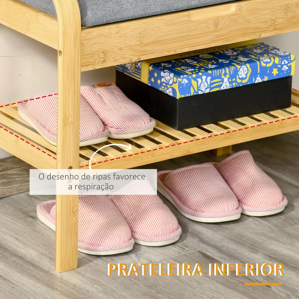 HOMCOM Banco Sapateiro de Bambú Banco para Sapatos com Prateleira Almofada Acolchoada Abatível e Espaço Oculto de Armazenamento para Entrada Corredor 60x33x50cm Natural