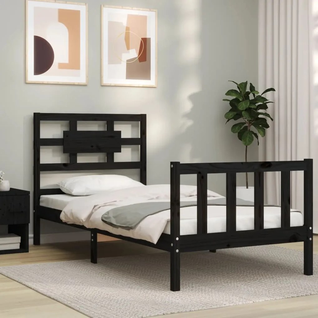 vidaXL Estrutura de cama com cabeceira 90x200 cm madeira maciça preto