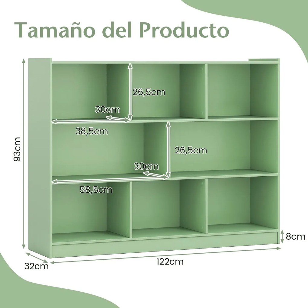Estante de 3 níveis 122 x 32 x 93 cm com prateleiras de arrumação e 8 cubos, cor verde-oliva