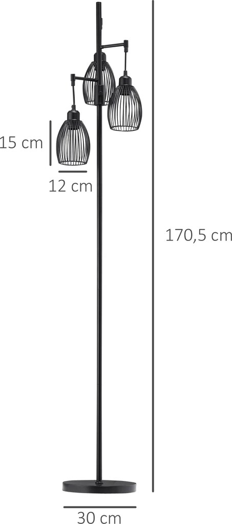 Candeeiro de pé de estilo industrial, 40 W máx., 3 abajures em metal de malha, luminosidade regulável - lâmpada E27 - preto