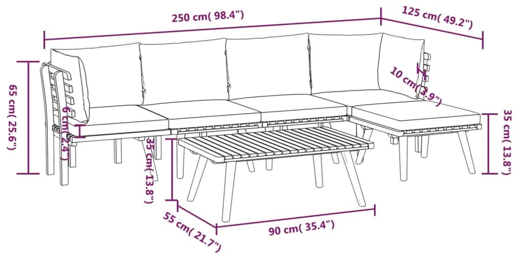 6 pcs conjunto lounge de jardim com almofadões acácia maciça