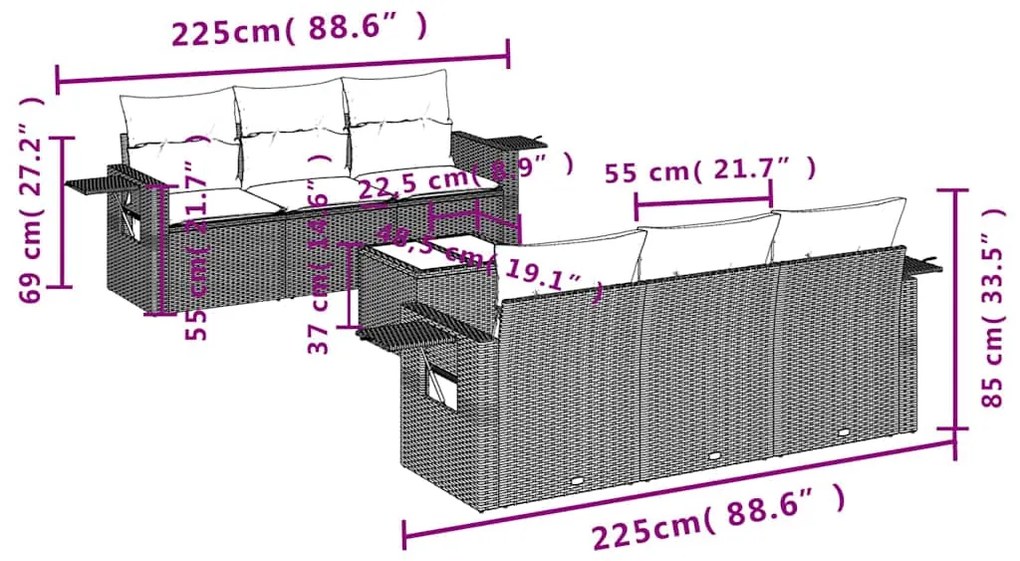 7 pcs conj. sofás jardim com almofadões vime PE cinzento-claro