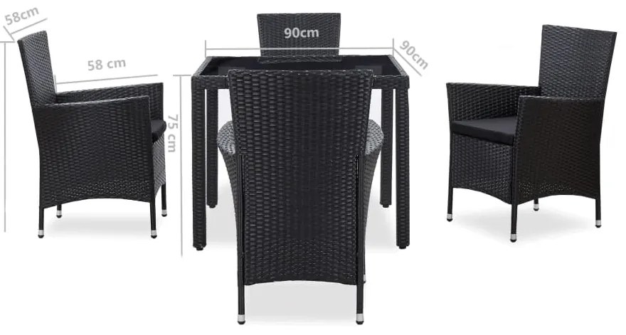 5 pcs conjunto de jantar para jardim vime PE preto