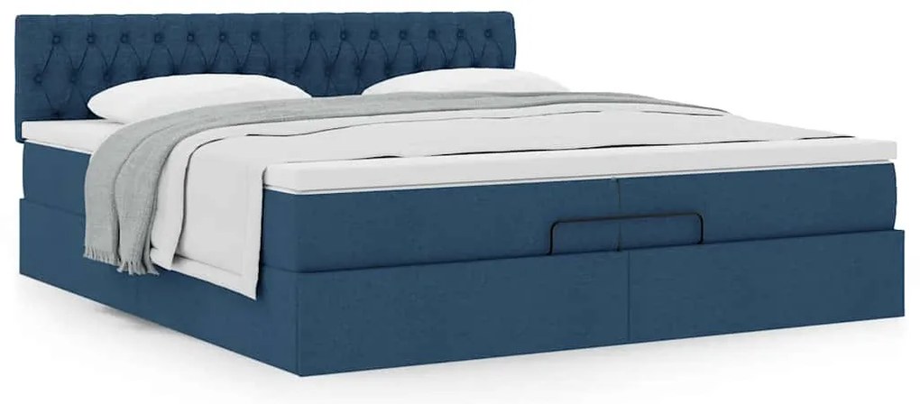 Estrutura de cama otomana com colchão 200x200 cm tecido azul