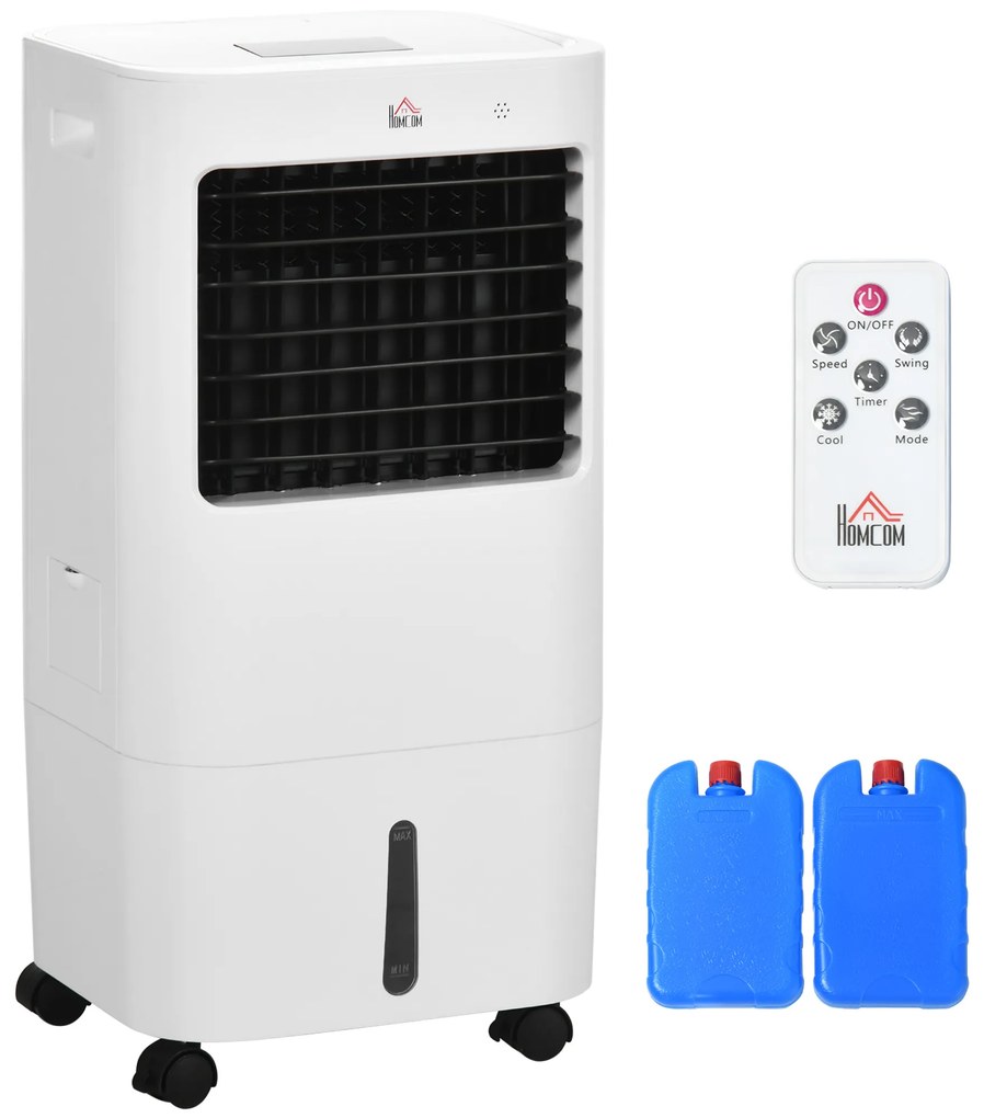 HOMCOM Climatizador de Ar Portátil Silencioso Climatizador Móvel 65W Humidificador Ventoinha com Ecrã LED Controlo Remoto Temporizador Oscilação 3 Velocidades 3 Modos 32x37x74 cm Branco