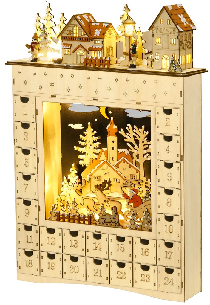 HOMCOM Calendário de Advento com Iluminação LED e 24 Gavetas de Contagem Regressiva Calendário de Advento de Madeira Decoração de Natal 36x9x52 cm Madeira