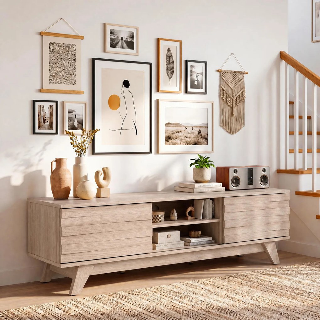 Móvel de TV com Portas de Correr, 145 x 39,5 x 41,5 cm, Prateleira Ajustável, Natural