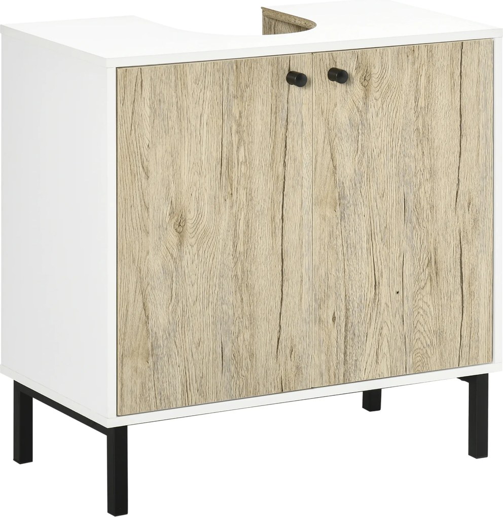 Kleankin Móvel Sob-Lavatório Moderno 60x30x60 cm 2 Portas Pés Metálicos Branco e Efeito Madeira | Aosom Portugal