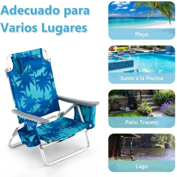 Conjunto de 2 cadeiras reclináveis de exterior com estrutura de alumínio e mesa de jardim, piscina campismo, praia dobraveis Azul