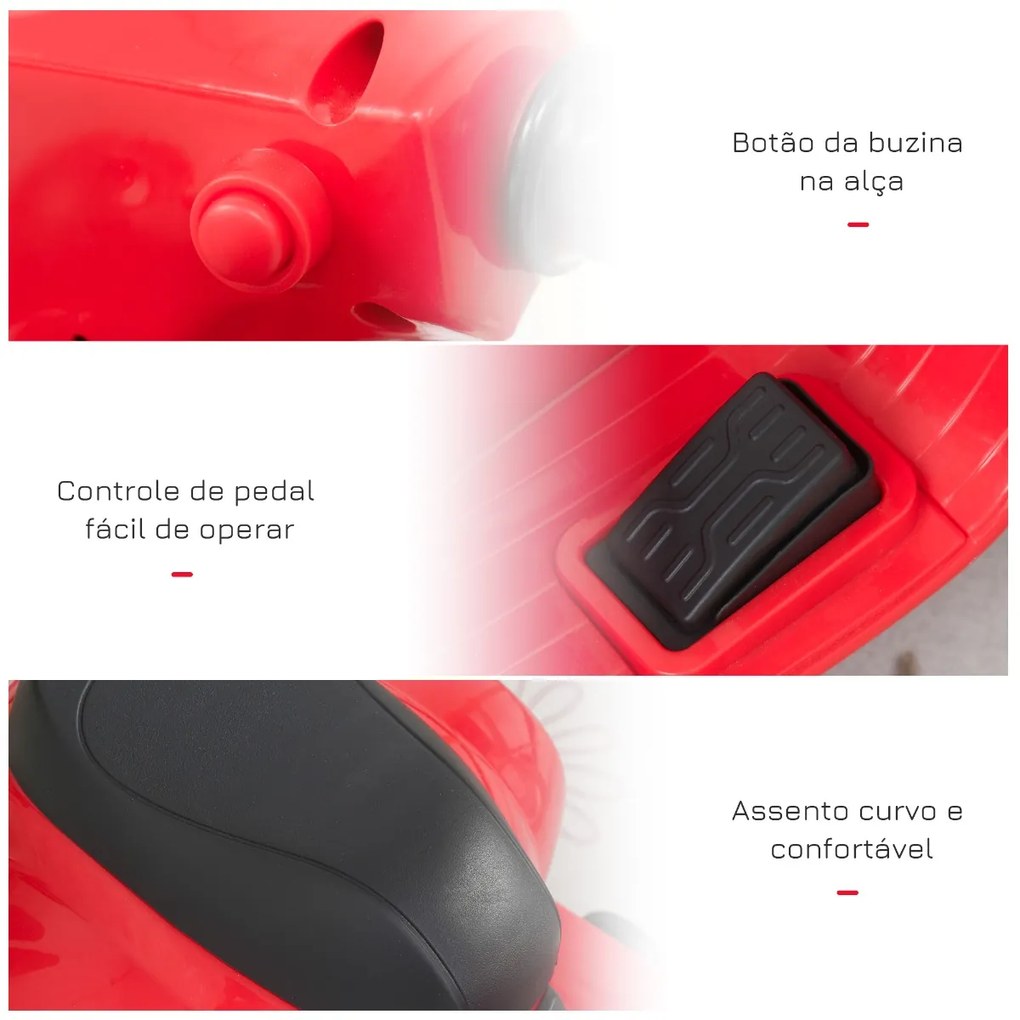 Mota elétrica 6V para crianças 1,5 a 3 anos com licença com faróis buzina e 4 rodas licenciadas 66,5x38x52 cm Vermelho