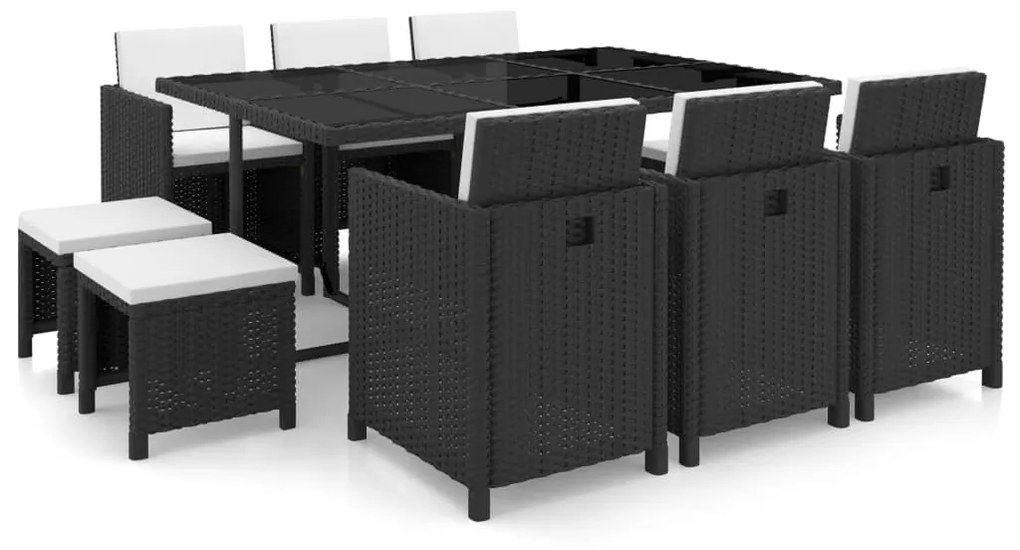 11 pcs conjunto jantar exterior com almofadões vime PE preto