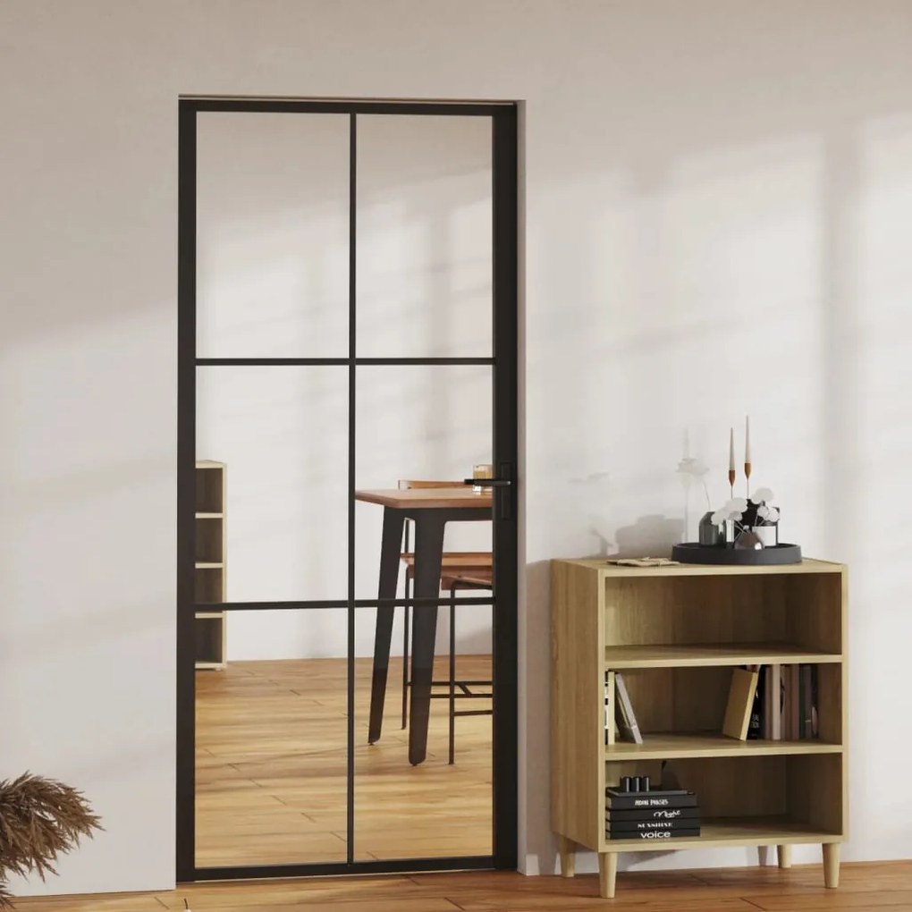 vidaXL Porta de interior em vidro ESG e alumínio 93x201,5 cm preto