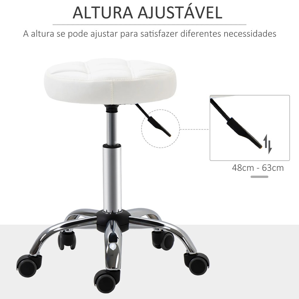 HOMCOM Banco Giratório com Rodas Altura Ajustável entre 48-63cm Banco de Trabalho Estofado em Couro PU para Salão Dentista Diâmetro Ø35,5cm Branco