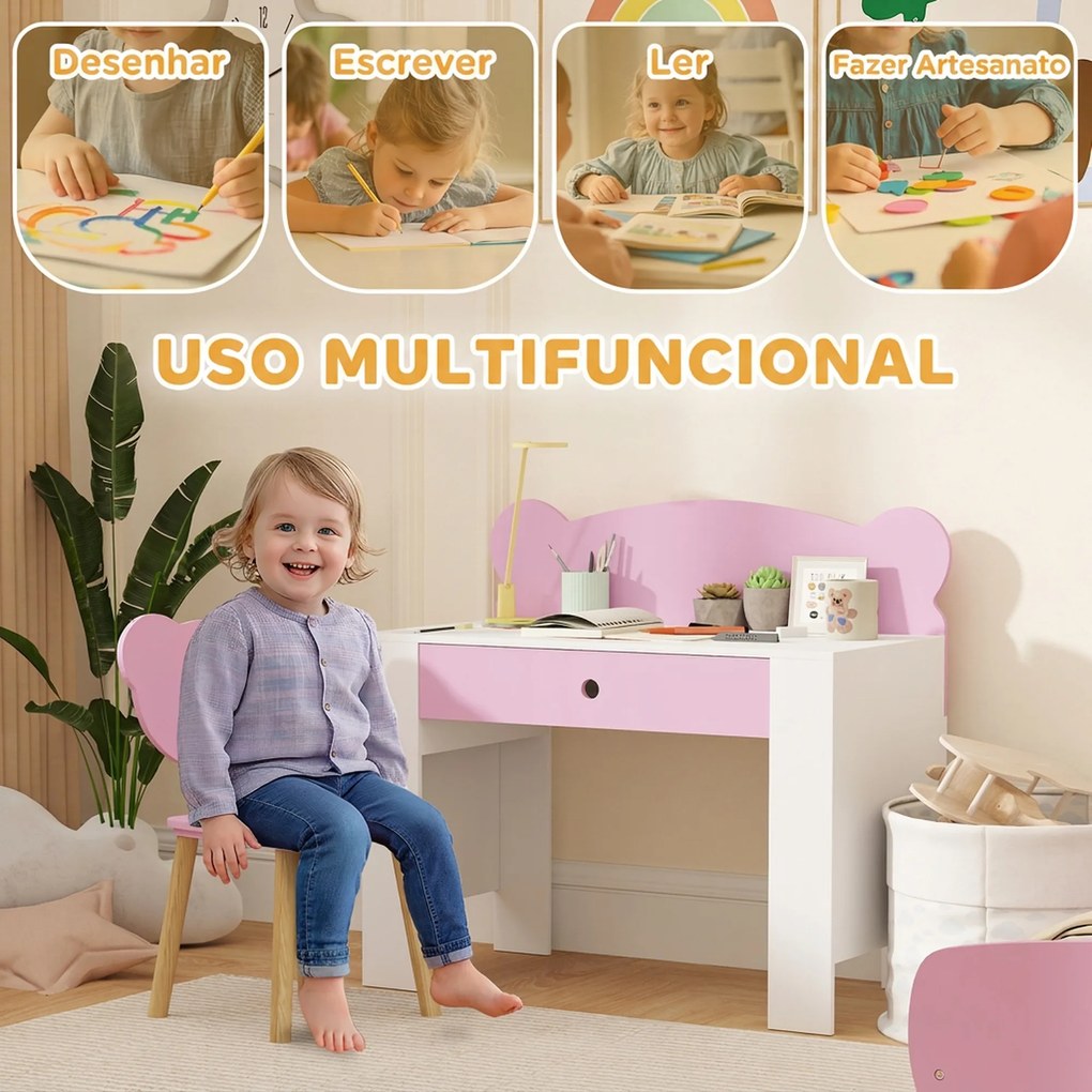 Secretária para Crianças com Cadeira em Forma de Ursinho Secretária Infantil com Gaveta para Estudar Ler e Desenhar Branco e Rosa