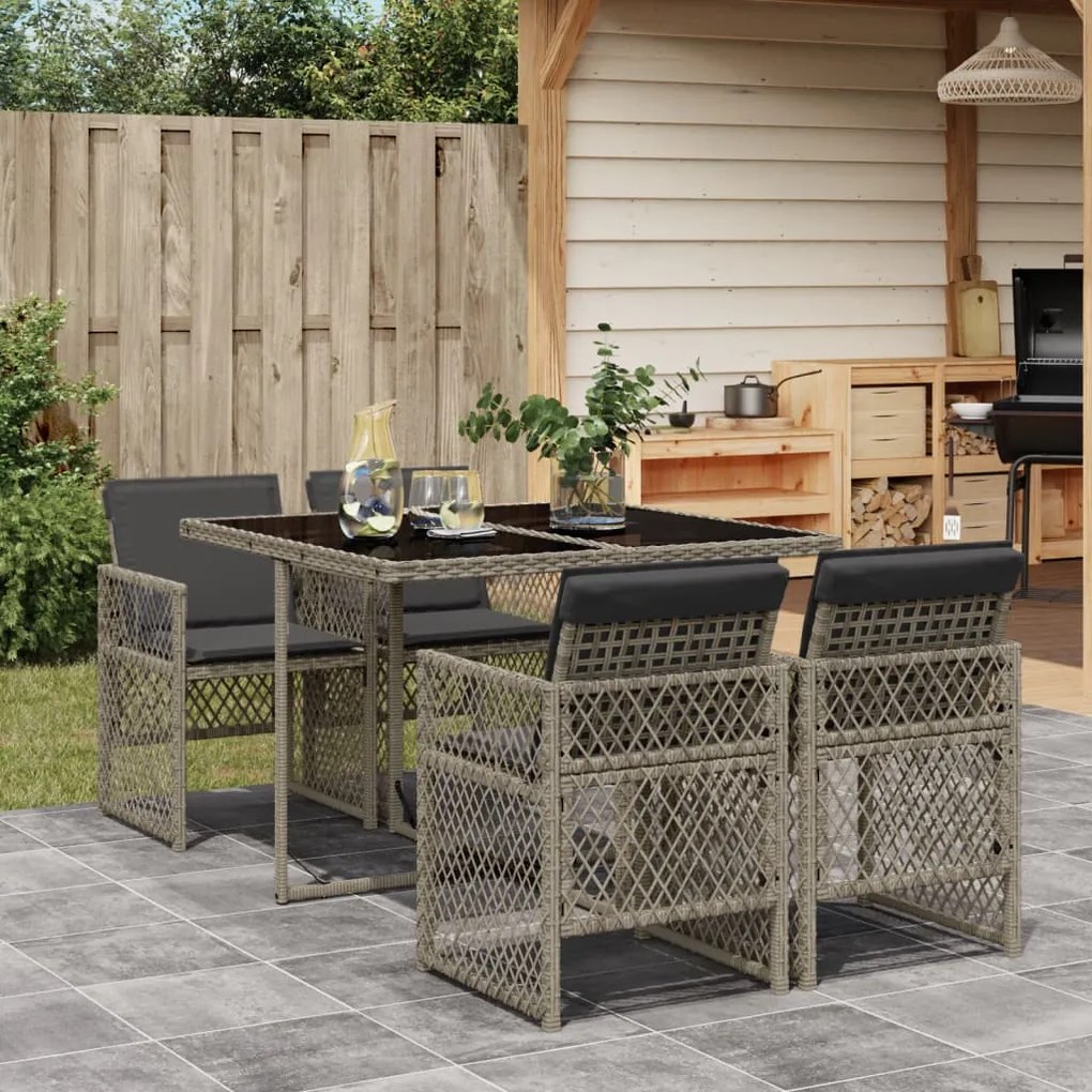 vidaXL 5 pcs conjunto de jantar p/ jardim c/ almofadões vime PE cinza
