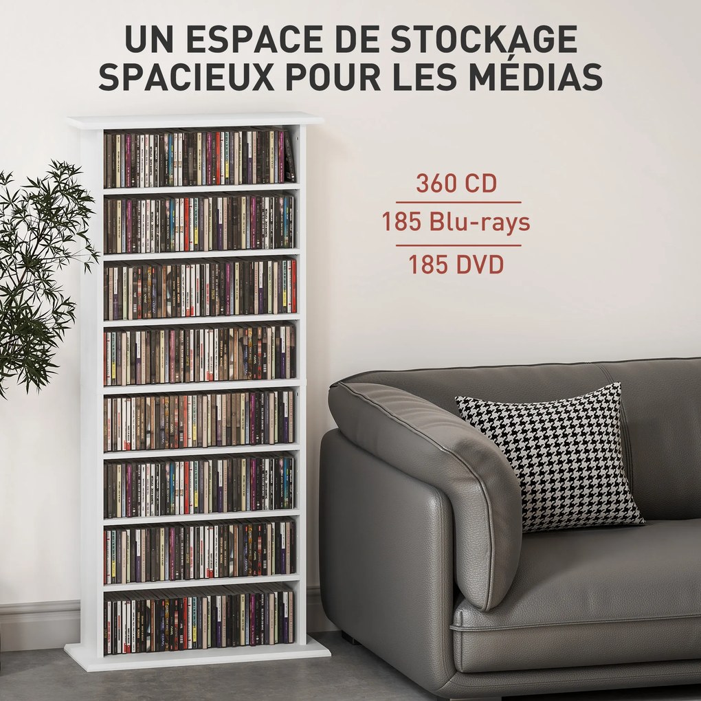 Organizador para CDs e DVDs com 8 compartimentos e 6 prateleiras ajustáveis 58 x 24 x 126,3 cm, capacidade máxima de 360 CDs/185 DVDs e Blu-rays, bran