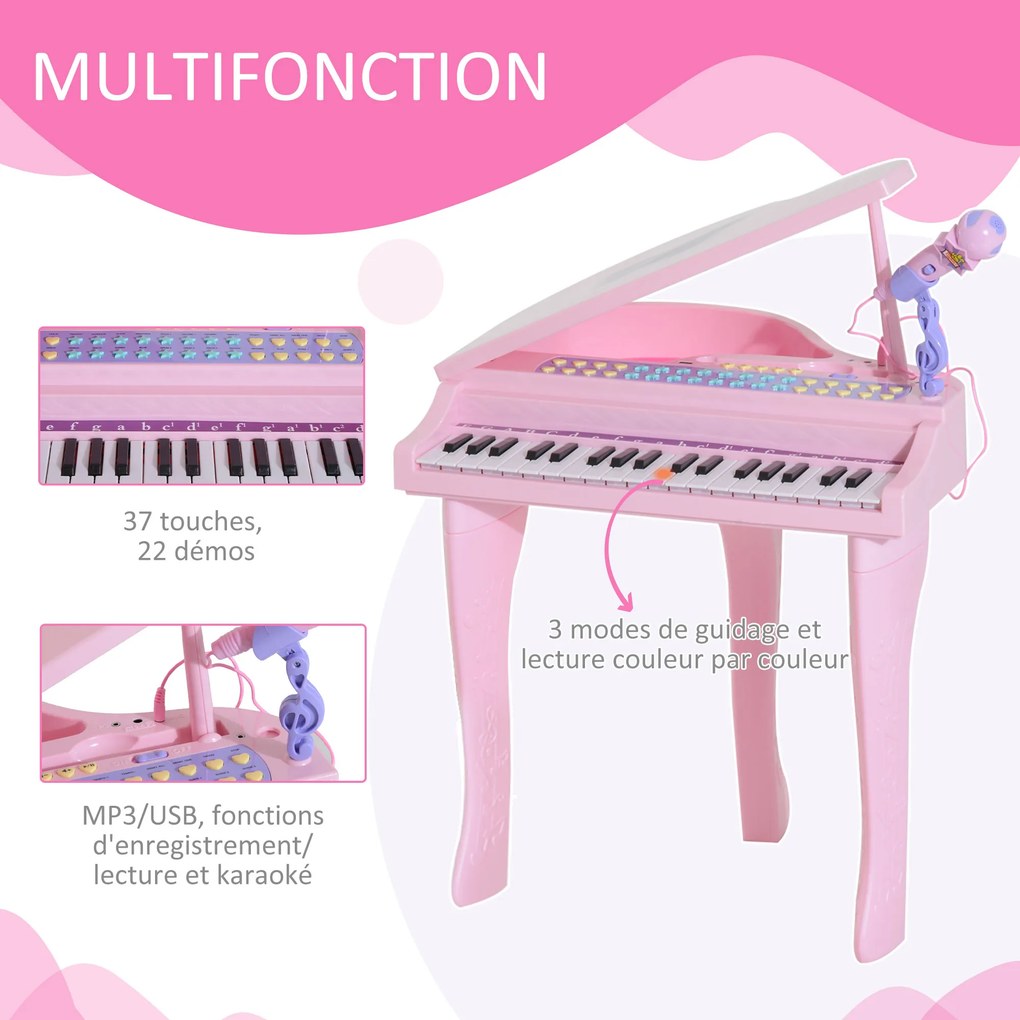 Piano de Cauda Electrónico para Crianças, 48 x 39 x 69 cm, 37 Teclas Multifunções, Cor-de-Rosa