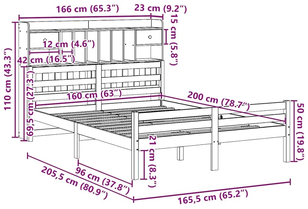 Cama com estante sem colchão 160x200 cm pinho maciço