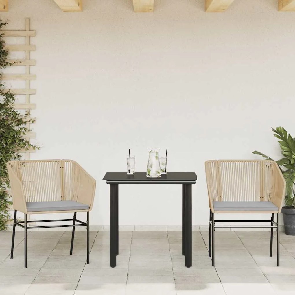 Conjunto jantar jardim 3 peças almofadas vidro vime PE castanho