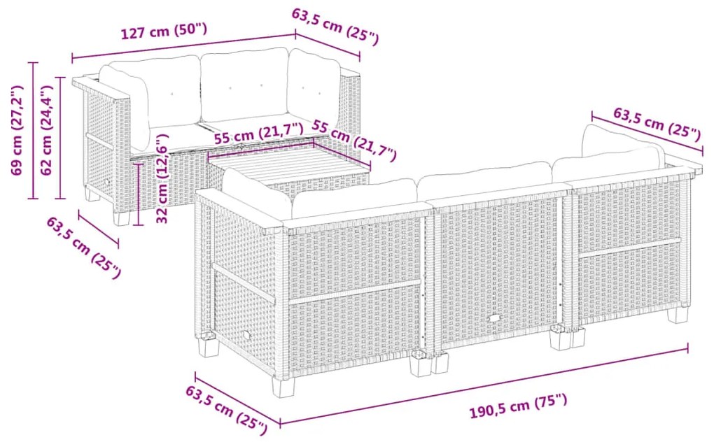 6 pcs conjunto sofás de jardim c/ almofadões vime PE preto