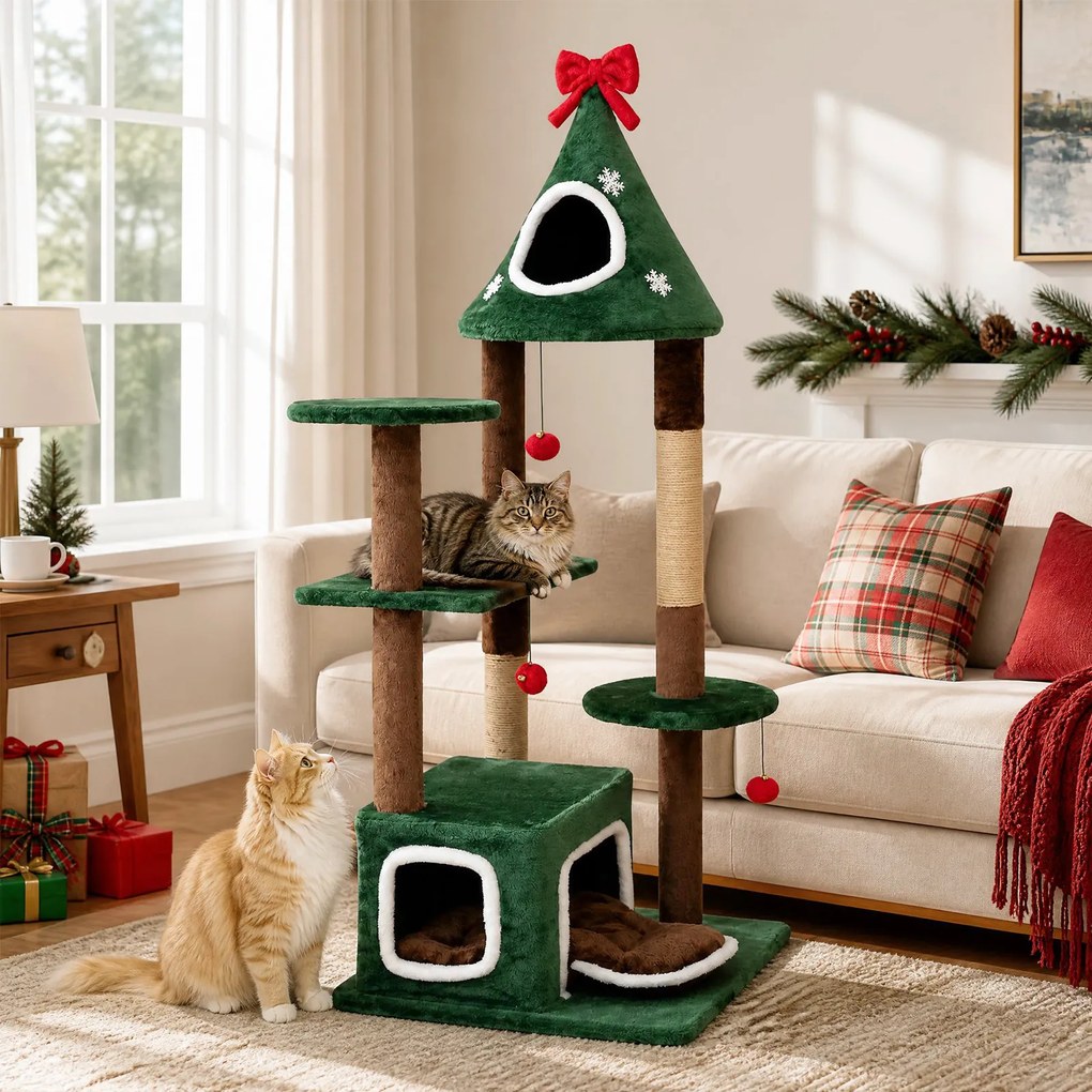 Árvore de Natal para Gatos, 77 x 62 x 137 cm, Sistema Anti-Tombamento, Verde