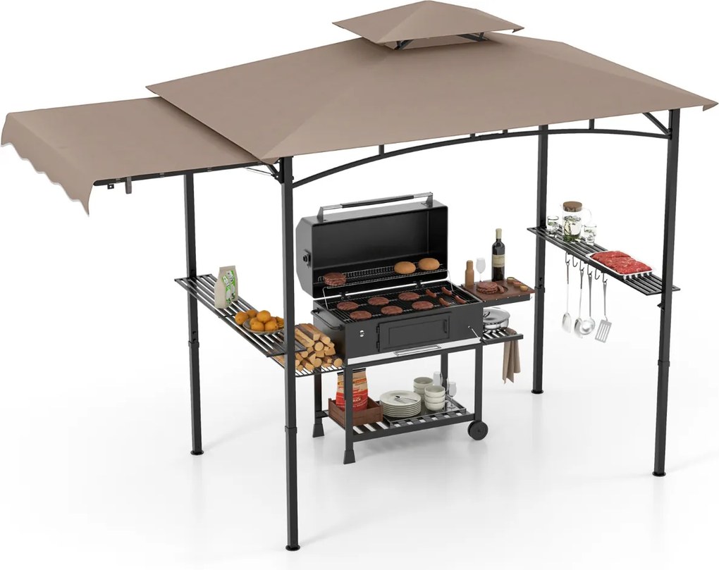 Tenda para Churrasco (Não Incluido) com grelha de 318 x 153 cm Toldo lateral Parte superior de 2 níveis 2 prateleiras laterais Estrutura em metal Cast