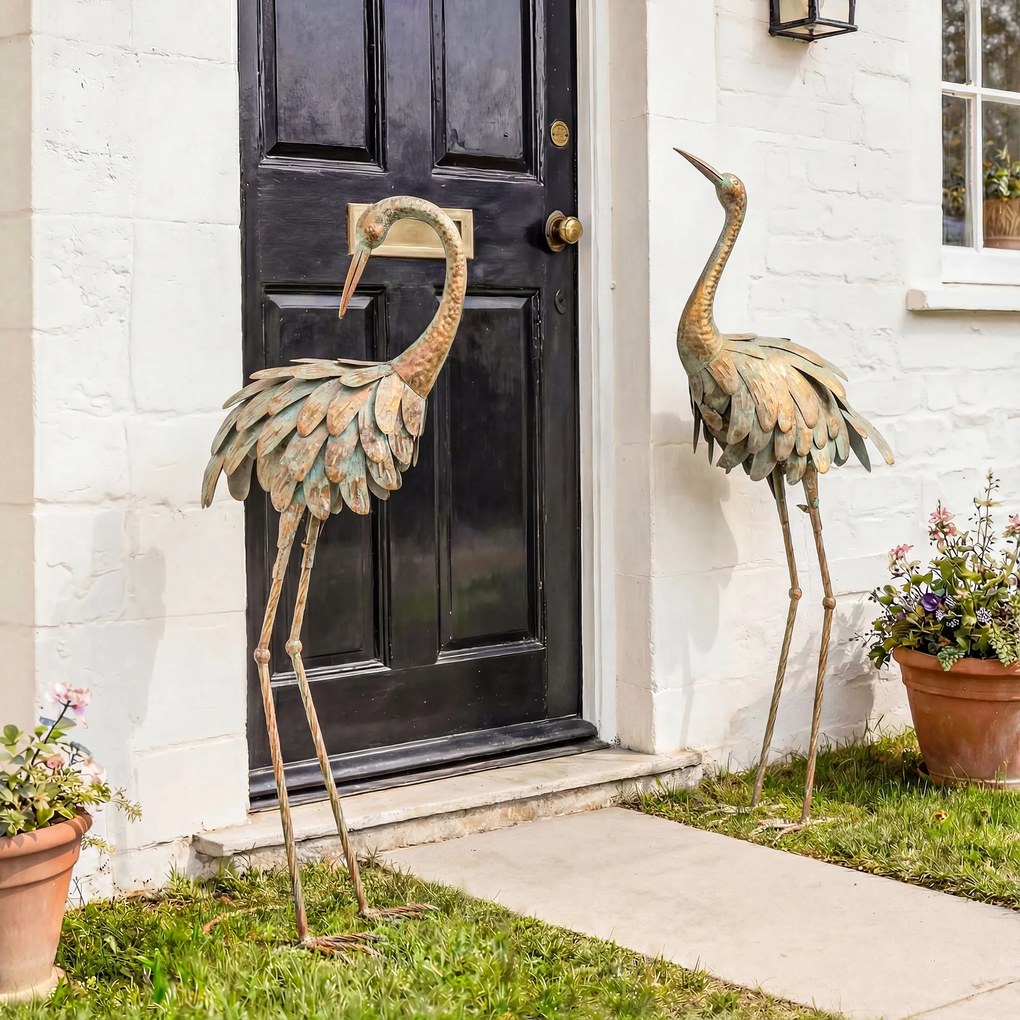 Conjunto de 2 estátuas de jardim, escultura de garça em metal, estátuas de aves 91/95 cm, para pátio, lago, terraço, dourado/azul