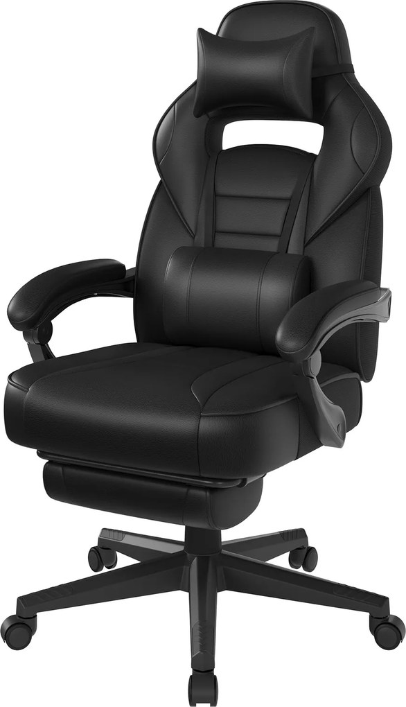 Cadeira de escritório ergonómica, cadeira para jogos com apoio para a cabeça e almofada lombar, regulável em altura Preto