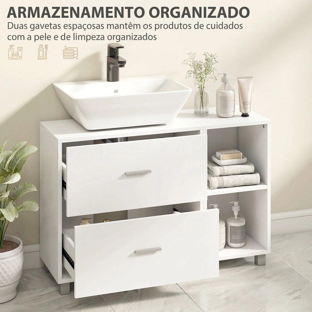 Móvel para Lavatório (NÃO INCLUIDO) de Casa de Banho com 2 Gavetas e 2 Prateleiras Abertas, para Lavatório com Pedestal, 90x30x60 cm, Branco