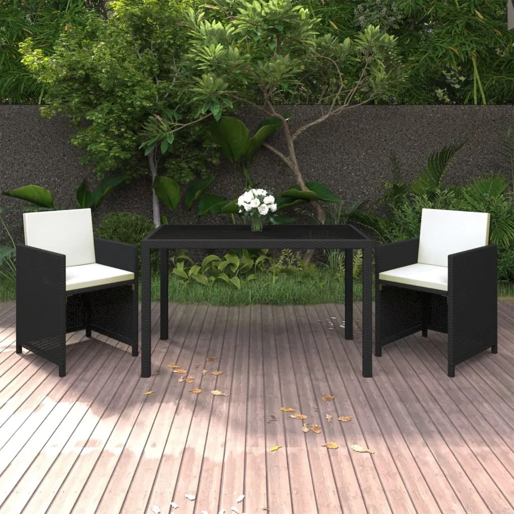 vidaXL 3 pcs conjunto de jantar p/ jardim c/ almofadões vime PE preto