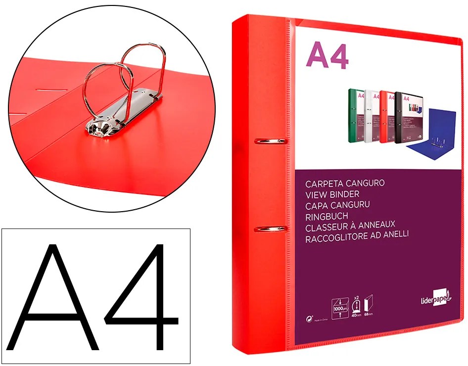 Carpeta Canguro 2 Anillas 40 mm Mixtas Polipropileno Din A4 Rojo Translicudo