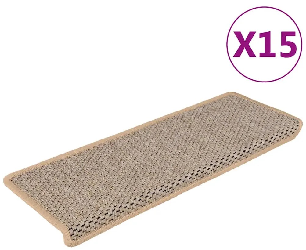 vidaXL Tapetes escada adesivos aspeto sisal 15pcs 65x21x4cm bege-claro