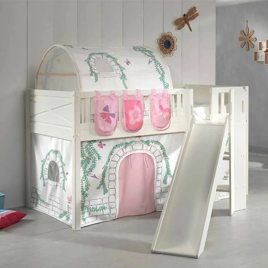 Conjunto cama Infantil SCOTT + escorrega + cortina de brincar BIRDY + Túnel + 3 bolsos de arrumação Branca