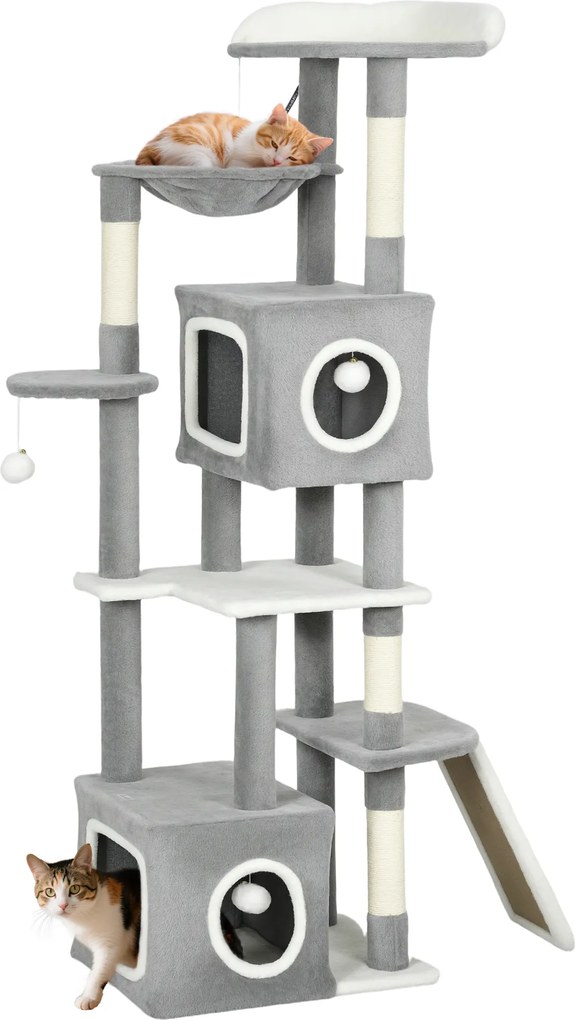 Arranhador para gatos com torre de brincadeiras, centro de atividades, 2 compartimentos abertos, plataformas, rede, escada e 4 pompons, 165 cm, cinzen