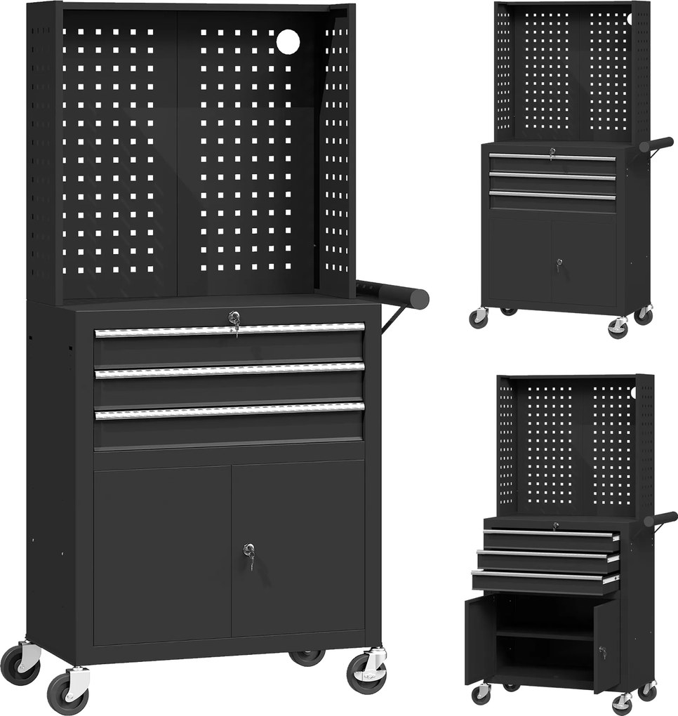 HOMCOM Carrinho de Ferramentas com 3 Gavetas e Painel de Perfurado Fechadura com Chave Prateleira Ajustável 2 Rodas com Travão de Bloqueio 69x33x133 cm Preto | Aosom Portugal