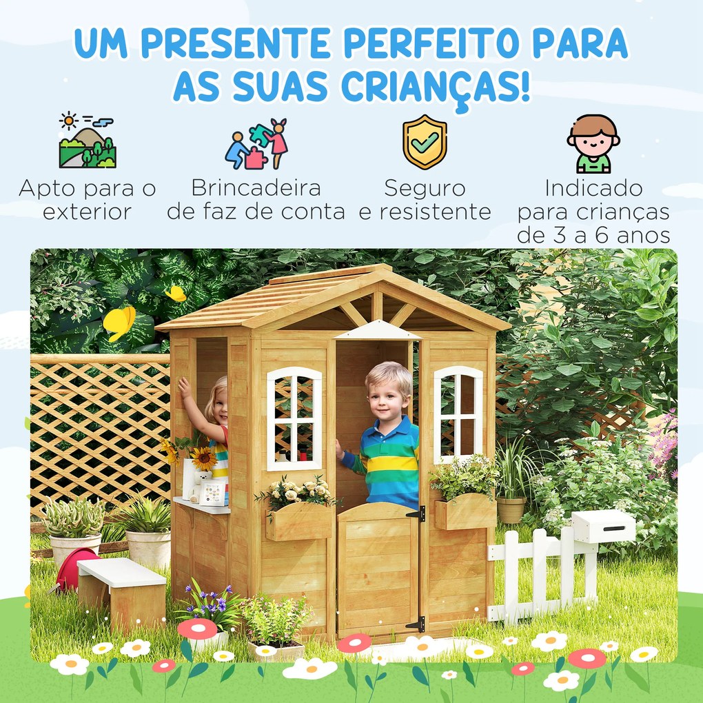 Casa de Madeira para Crianças com Caixa de Correios Banco e Floreira 205x119x140 cm Madeira e Branco