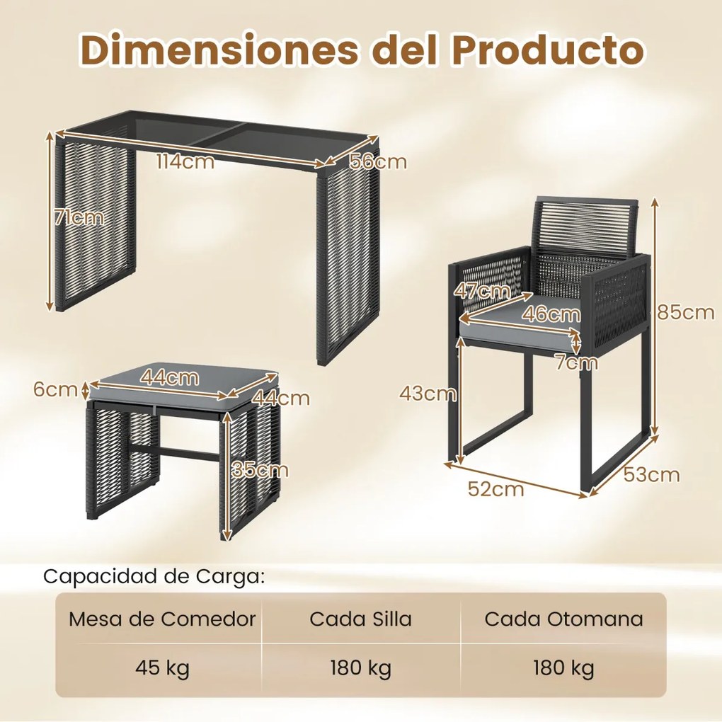 Conjunto de Móveis de Rattan Cadeira de Rattan PE e Mesa de Vidro Temperado com Pufes para Jardim Cinzento e Preto