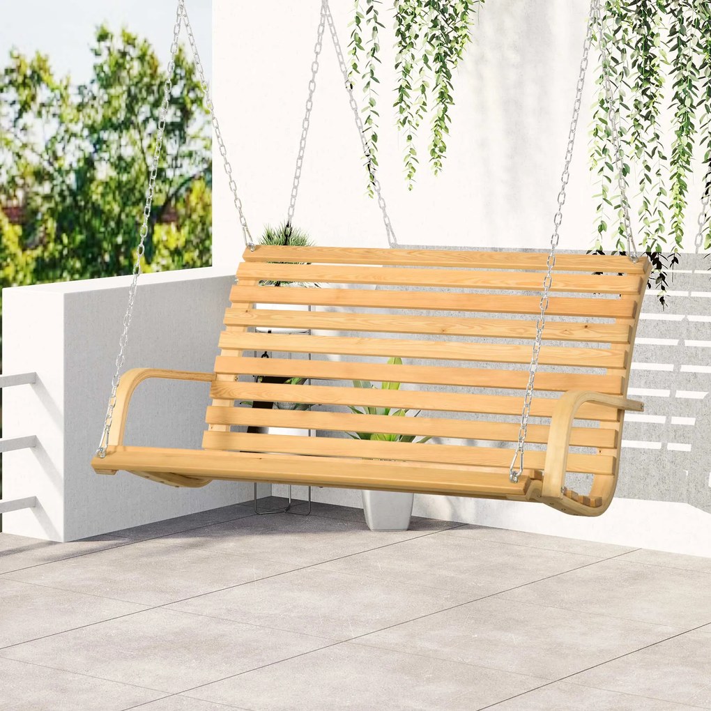 Outsunny Banco Baloiço de Madeira de 2 Lugares Baloiço Suspenso Carga Máxima 250kg para Jardim Terraço Balcão Exterior 141,5x51x78cm Natural