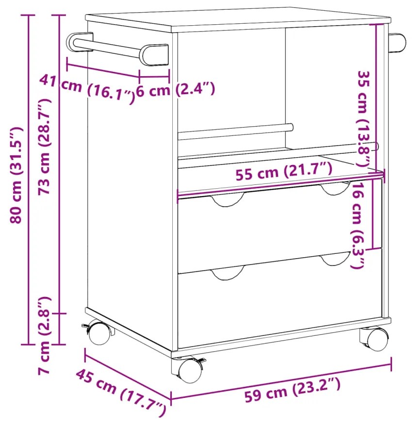 Carrinho de cozinha OTTA 71x45x80 cm madeira de pinho maciça