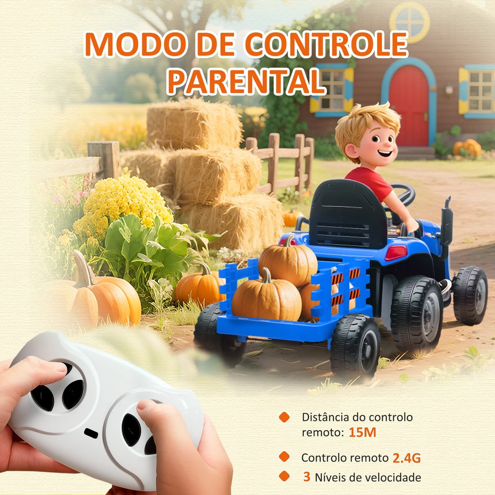 Trator Elétrico para Crianças com Reboque Desmontável Bateria 12V Velocidade 3-5 km/h Controle Remoto 2,4G 139x58x55 cm Azul
