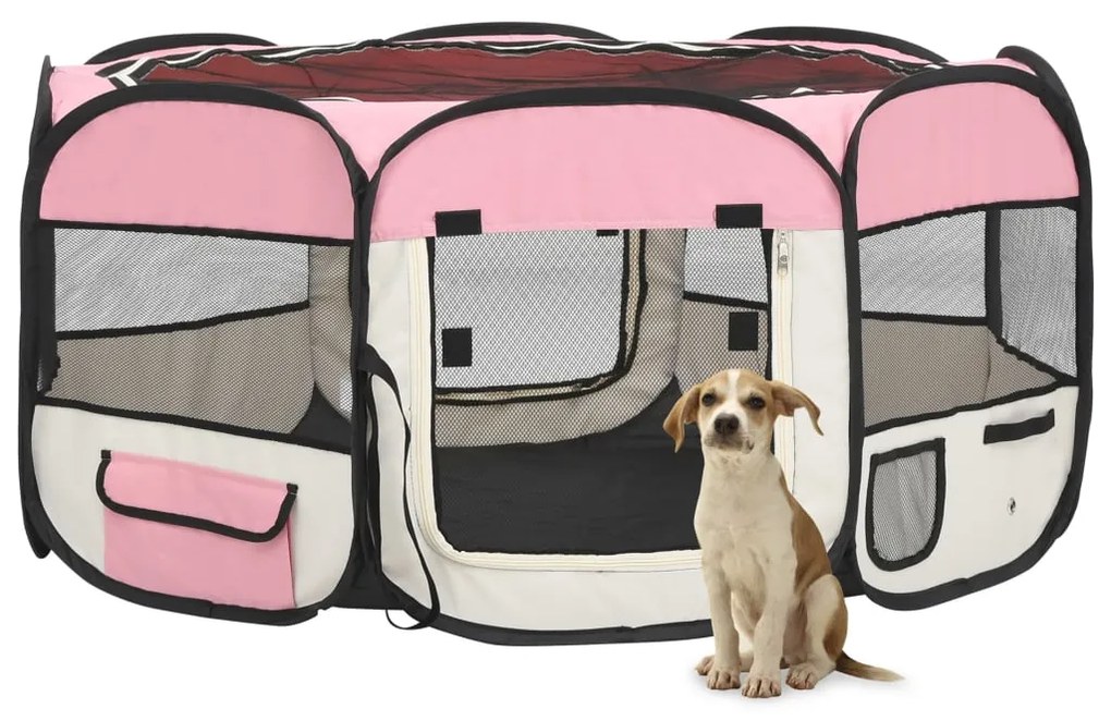 171012 vidaXL Parque dobrável p/ cão c/ saco de transporte 145x145x61cm rosa