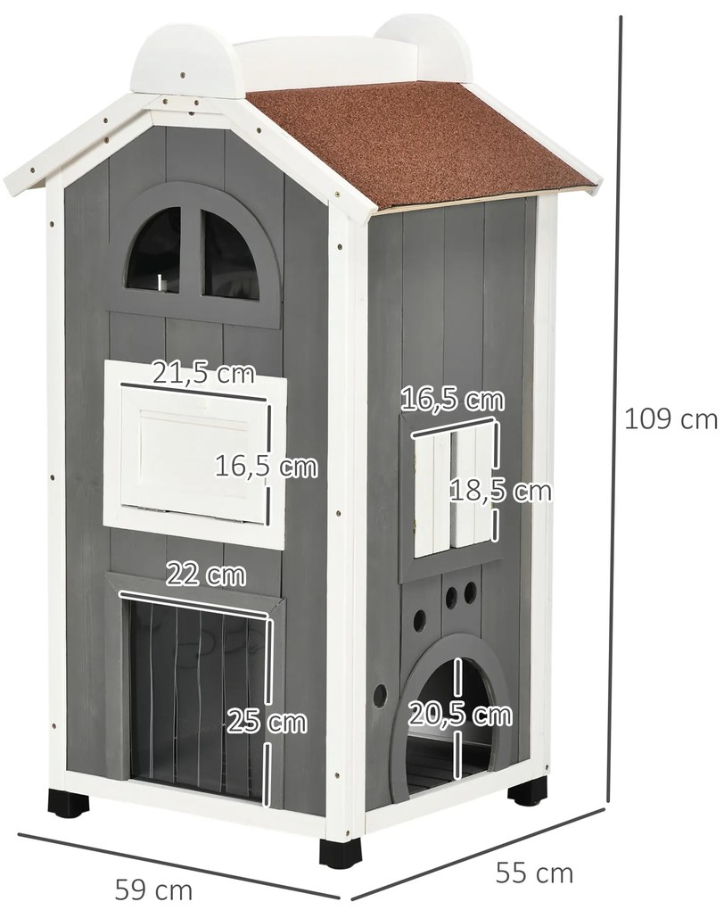 Casa para Gatos de Madeira 59x55x109 cm Abrigo para Gatos de 3 Níveis com Telhado Asfáltico Plataformas Escada e Varanda Cinza
