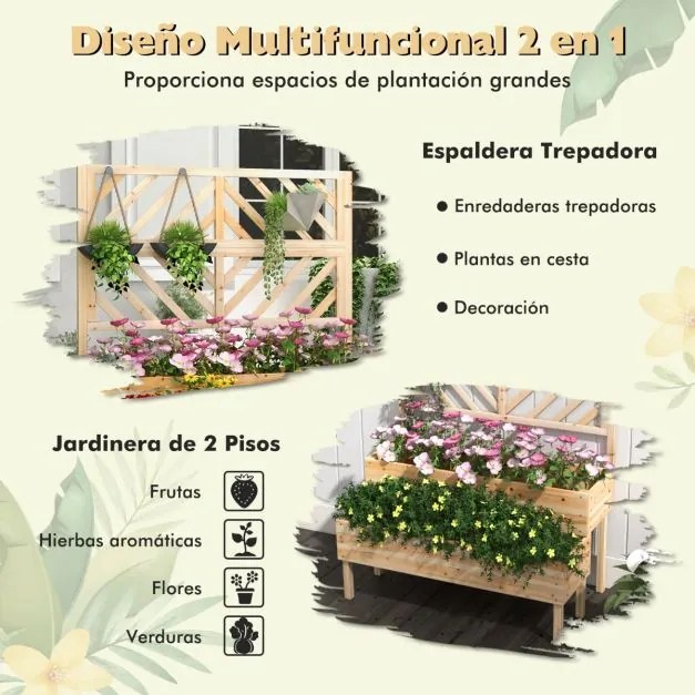 Floreira jardim com treliça de 2 níveis Caixa de cultivo com pernas para jardim 109 x 62 x 135 cm Natural