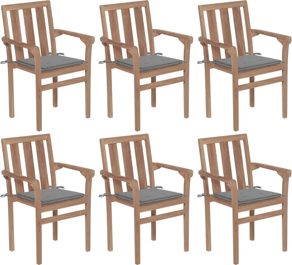 vidaXL Cadeiras de jardim empilháveis c/ almofadões 6 pcs teca maciça