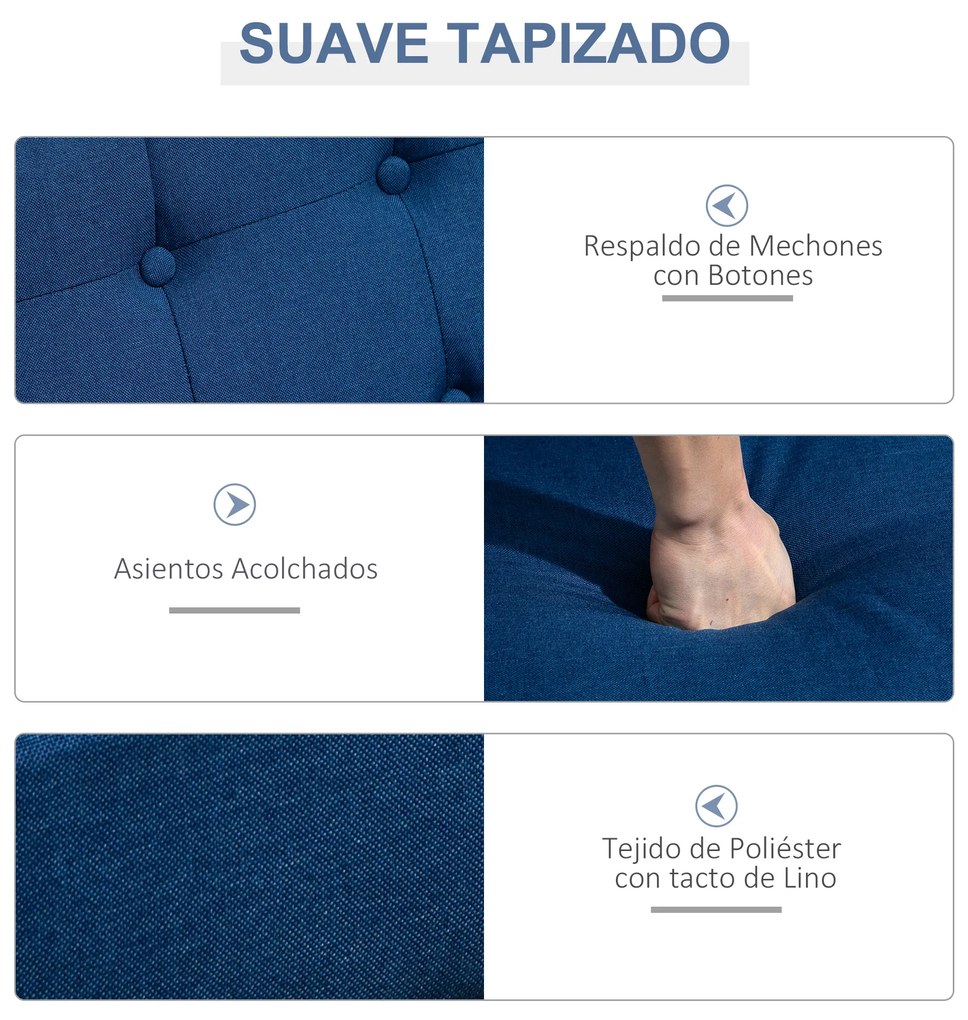 HOMCOM Sofá de 2 Lugares com Encosto e Almofadas Acolchoados Pés de Madeira Antiderrapantes para Sala de estar Dormitório Oficina 114x61x71 cm Azul