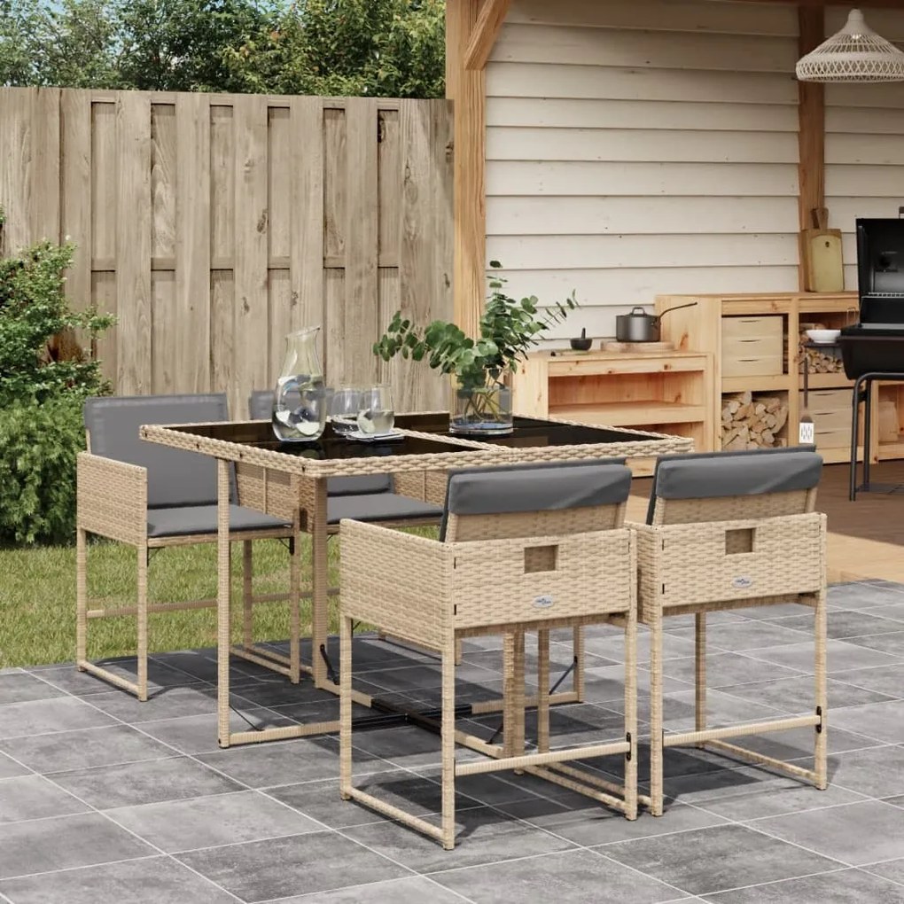 vidaXL 5pcs conj. jantar jardim c/ almofadões vime PE bege misturado