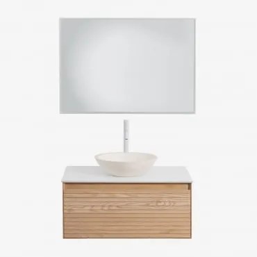 Conjunto De Móveis De Banheiro Em Madeira Tedrik Ash Castanho Fresno & Cimento Redondo Branco Ø40 Cm Zavion & Led Retangular - Sklum